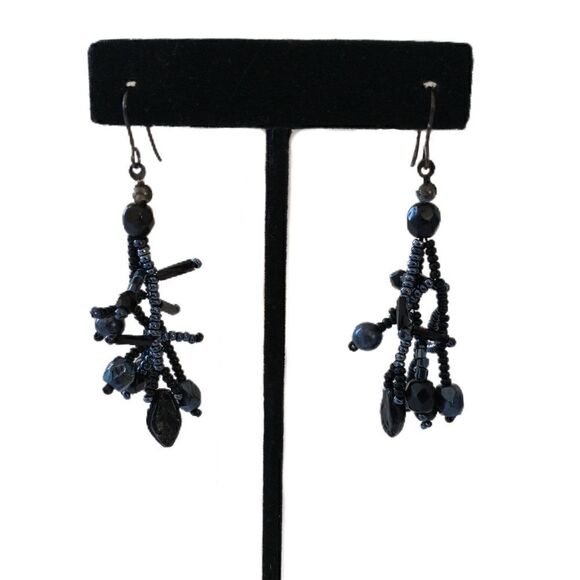 Faux Coral Bead Earrings Dangle Black Iridescent Bohemian Beach Nautical Beaded - Picture 6 of 16